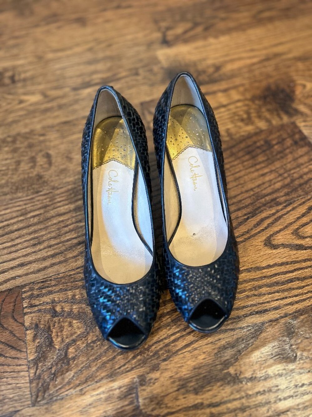Cole Haan Nike Air Black Leather Woven Peep-Toe Heels